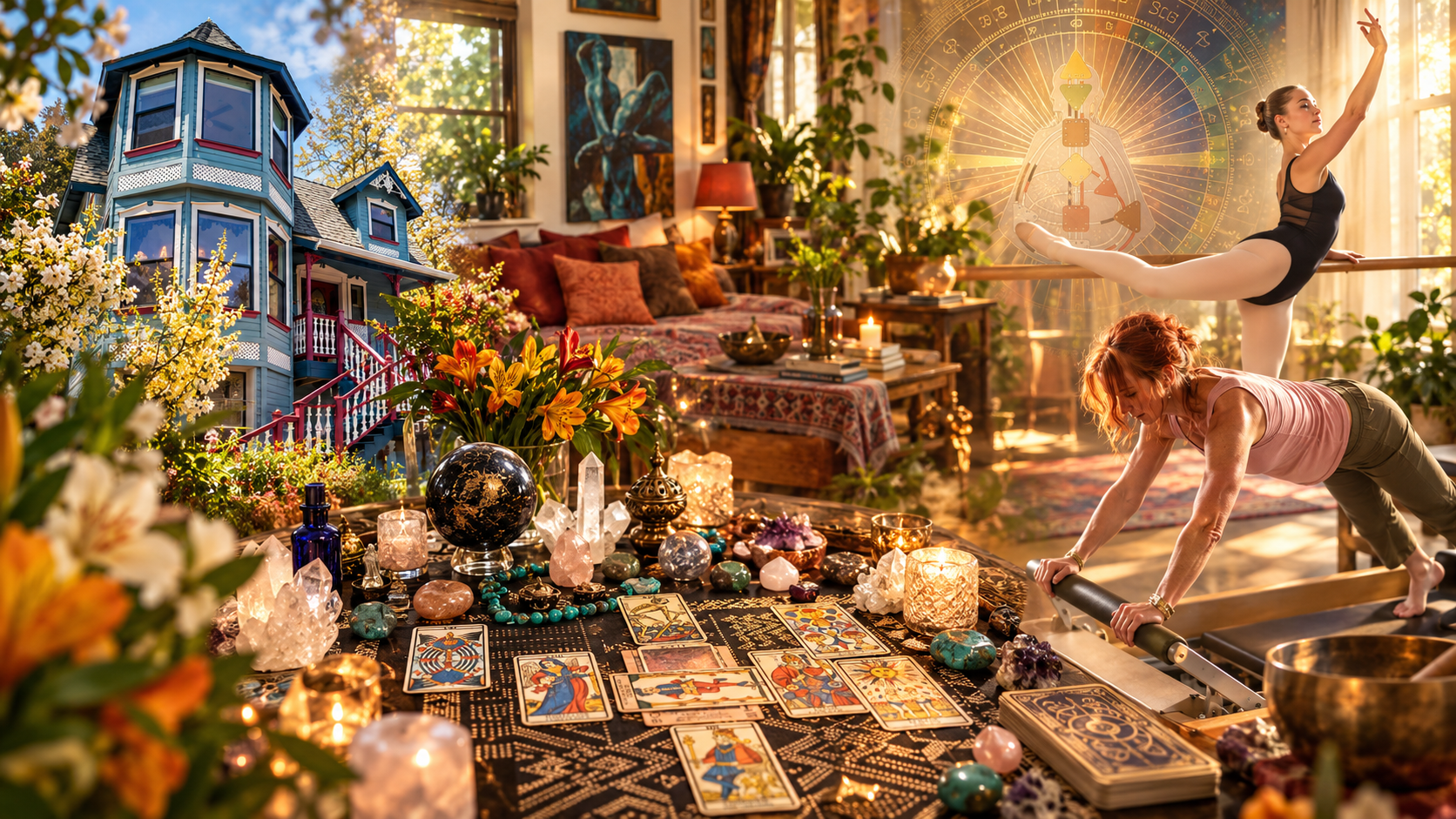 Illustrative collage bringing together Tarot, Human Design, movement, Pilates, and a welcoming studio atmosphere