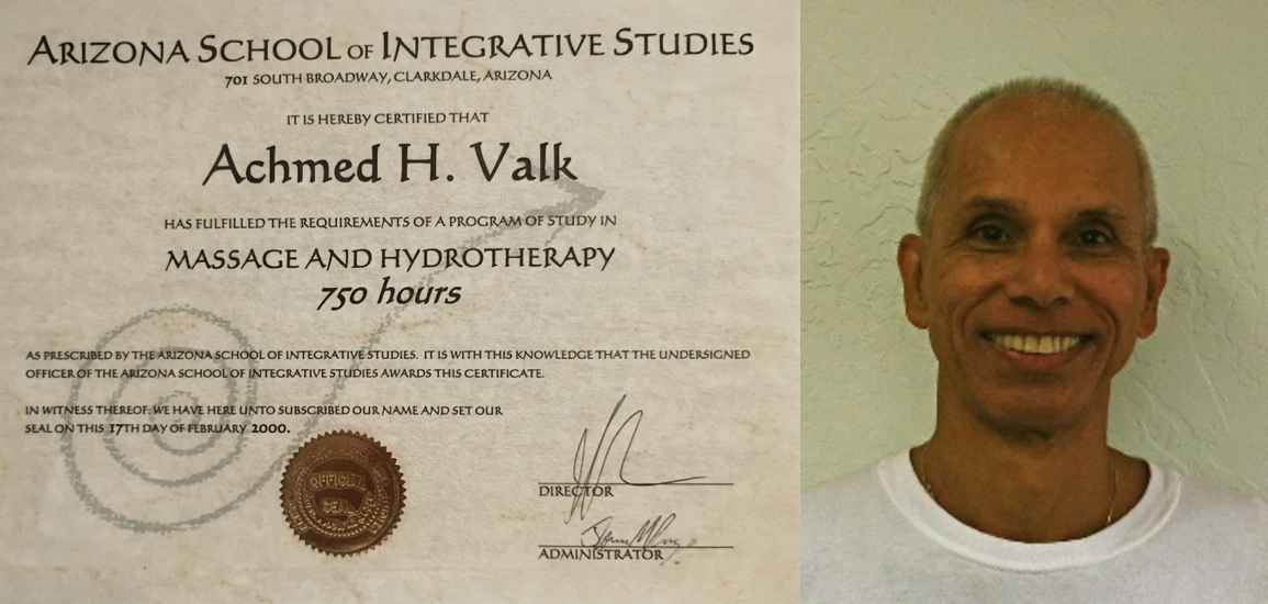 Achmed Valk’s Massage and Hydrotherapy credential beside his portrait
