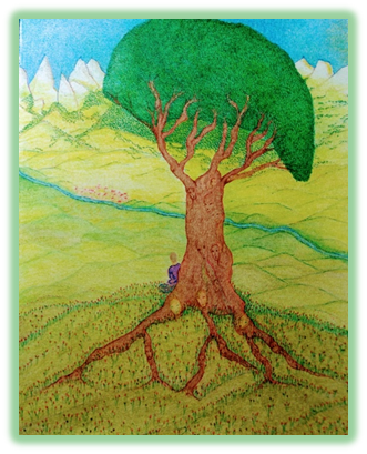 Artwork of a large green tree with visible roots in a blue and green landscape