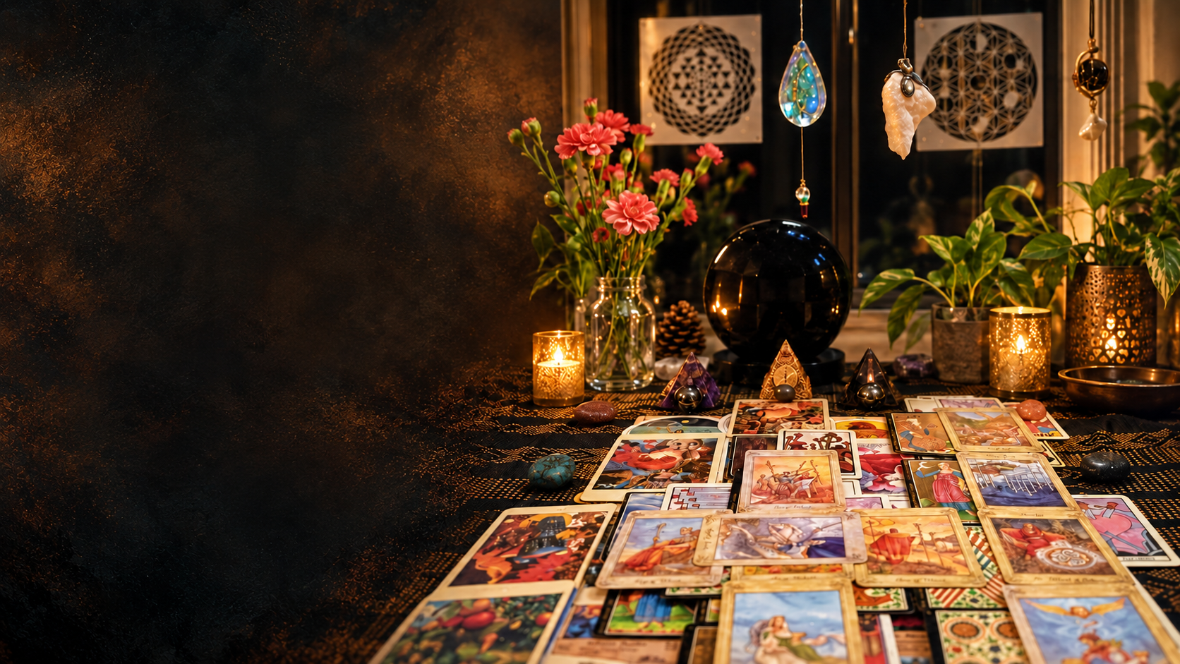 A candlelit arrangement of symbolic artwork and Tarot imagery
