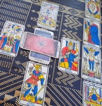 Initial spread showing only Major Arcanum cards in the traditional layout and pattern of the Celtic Cross.
